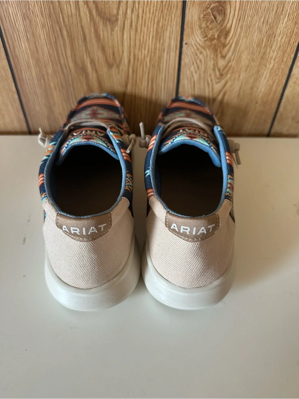 Ariat Men’s Hilo’s Navy Aztec-Pattern Slip-On Loafers w Orange Accents- NWT 12
